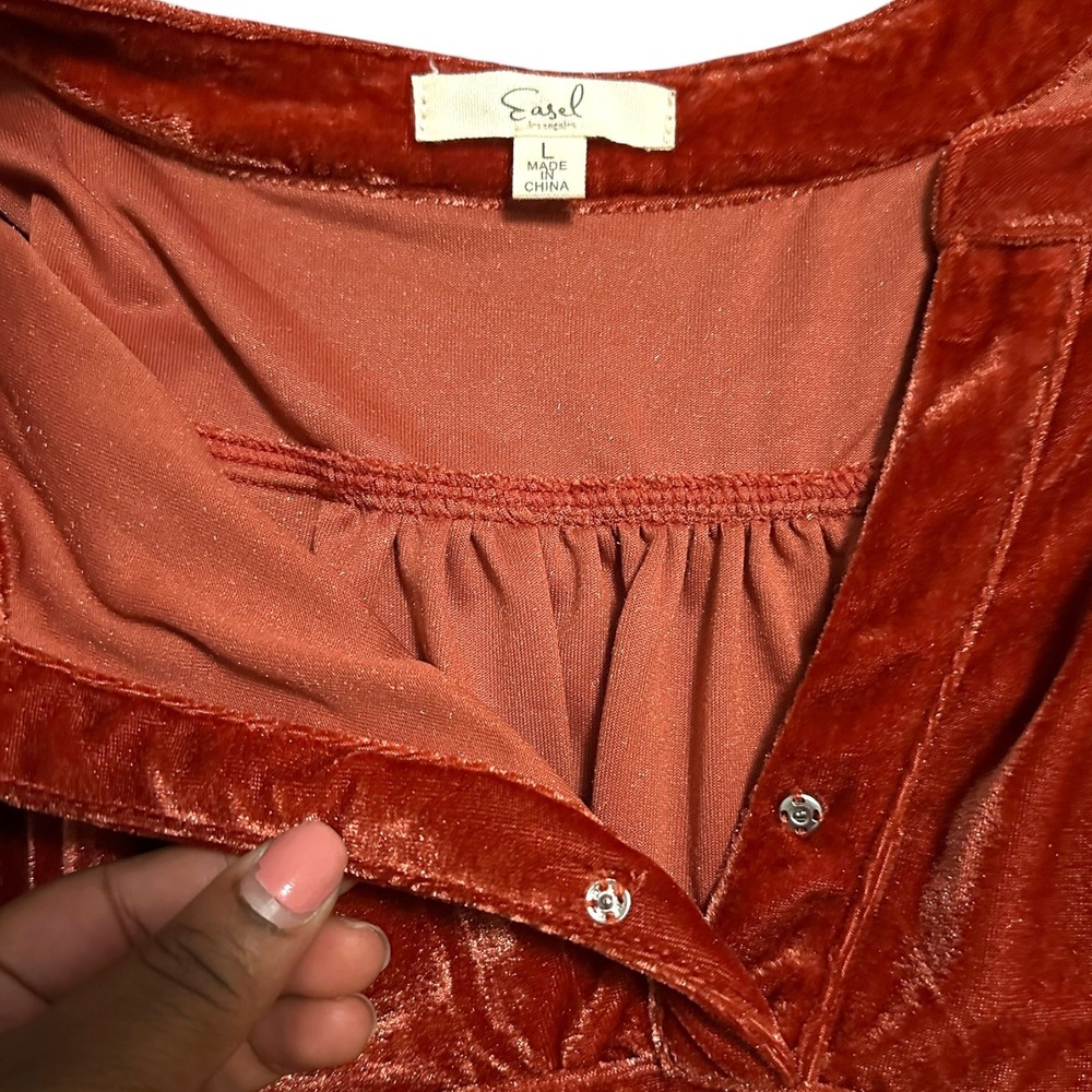 Easel Soft Velvet Babydoll Mini Tunic Dress Long Sleeve Rust Orange L Boho Luxe - Picture 8 of 12